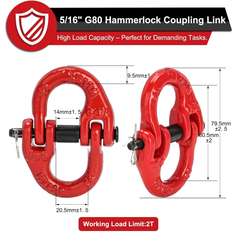 Lechansen G80 5/16" Safety Chain Connector Link, 2 Pack Heavy Duty Hammerlock Coupling Link, Tow Hitch, Tow Chain Connector for Towing, Lifting, Trucks & Trailers - Image 2